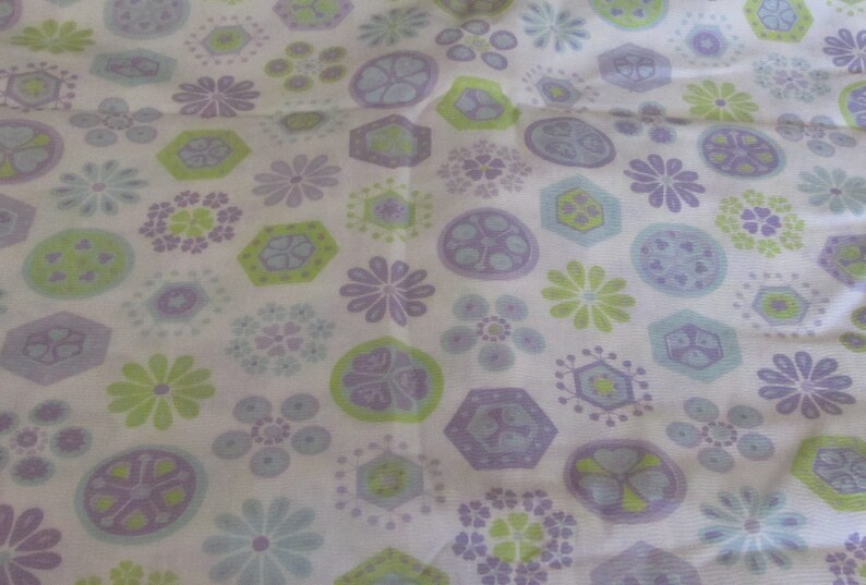 Vintage 70s Lime Green and Purple on White Floral Seersucker Fabric 1pc 36in Wide x 6 Yards