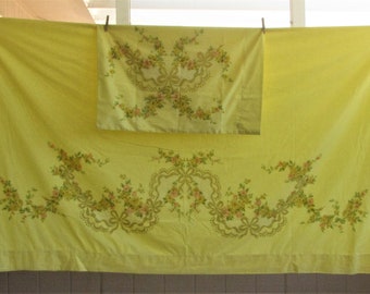 2pc Full / Double Flat Yellow Floral Sheet and Single Std Pillowcase, JC Penney, Vintage 70s – 80s