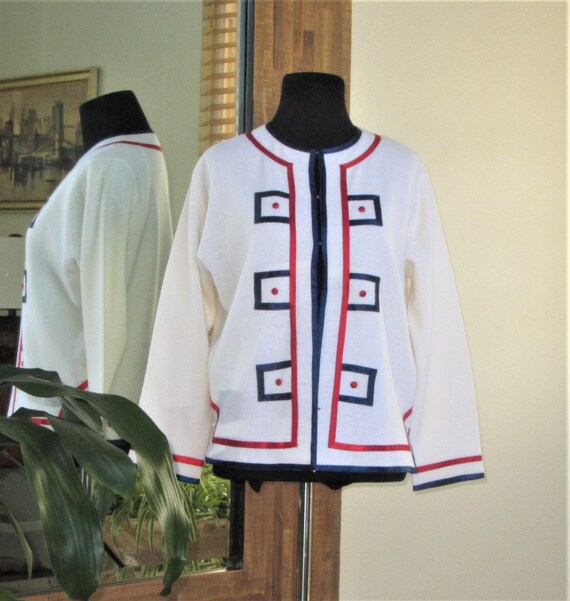 Ivory Wool Sweater/Jacket, Fully Lined, Red and B… - image 2