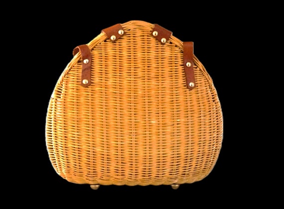 Vtg Wicker Teardrop Shape Handbag w/ Leather Hand… - image 6