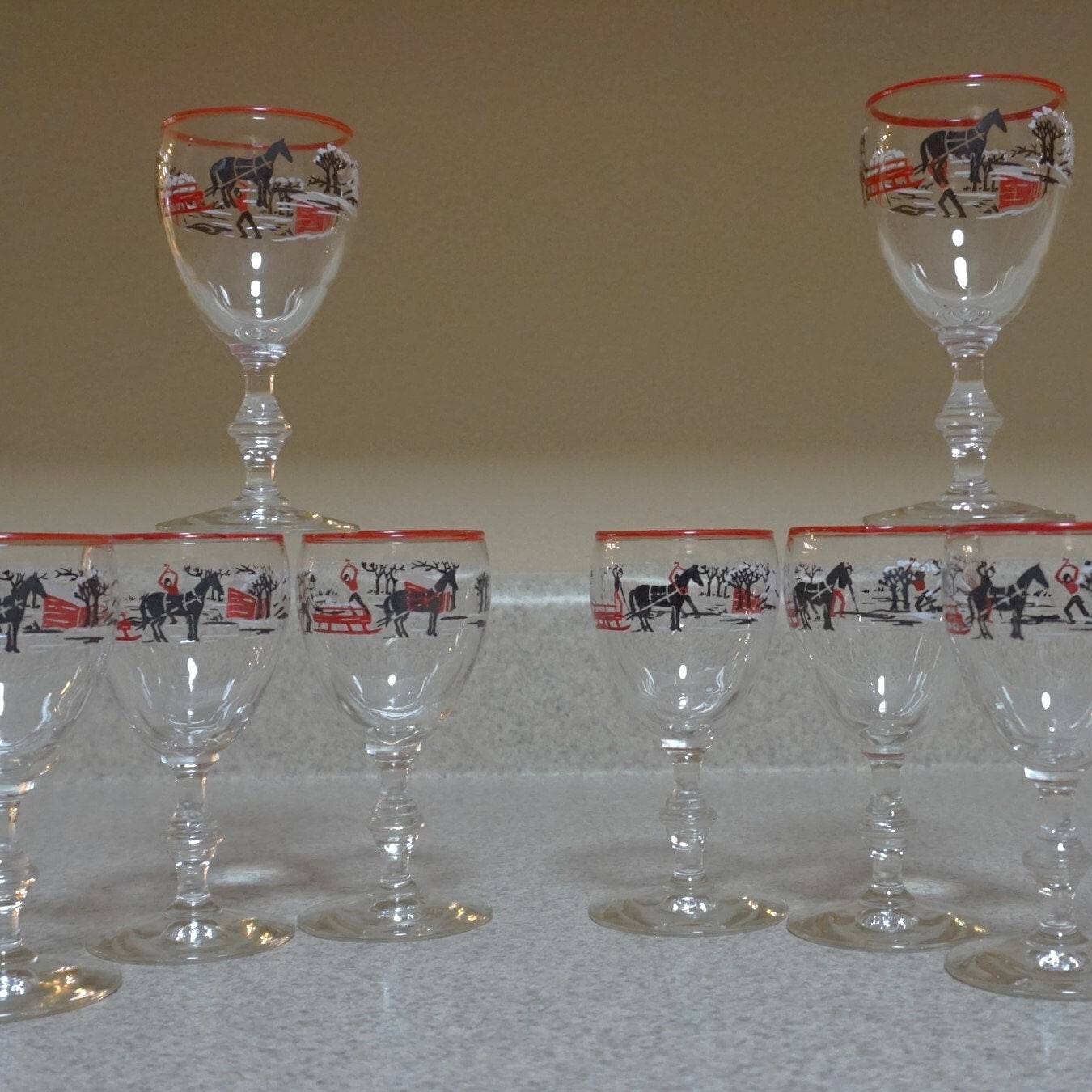 Mid Century Signed Gay Fad Hand-Painted Crooked Mini Martini Glasses- Set  of 7