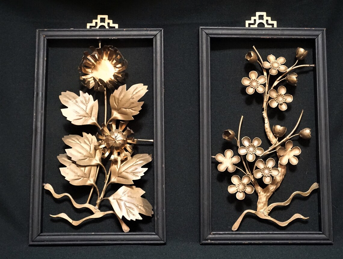 1 Pair Vintage Asian Metal Wall Sculptures Bronze Color Metal Etsy