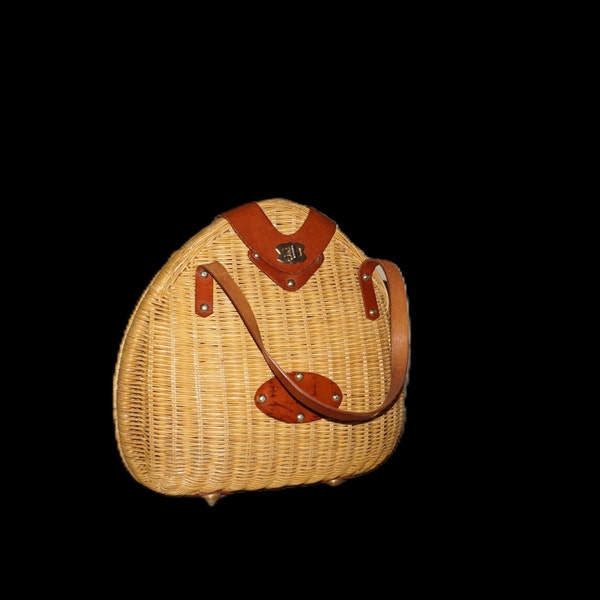 Vtg Wicker Teardrop Shape Handbag w/ Leather Handles, Hinges, Trim, Simon Straw Bags Co., British Crown Colony, HongKong, Vintage 1950s–60s