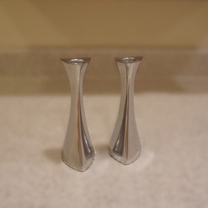 Vtg Pair Nambe Tri-Corner Candle Stick Holders, 7in Tall, Polished, Nambe’ 595, Vintage 1970s - 80s