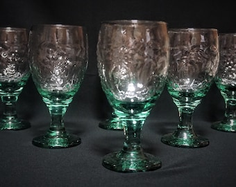6pc Set &quot;Orchard Fruit” Aqua Sea Green Goblets, Libbey Glass Co., Vintage 80s