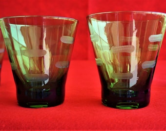 RARE Vtg 6pc Green Glass Drinkware,  MCM Hand-Blown, Cut – Etched, Tapered Glasses, Vintage 50s – 60s