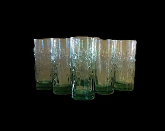 Vasos Libbey antiguos de vidrio verde con relieve iris de 16 oz, 6 piezas, años 90