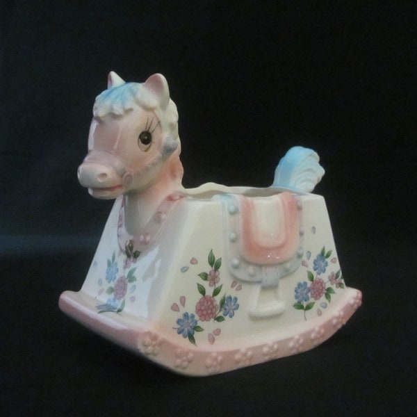 Ceramic Planter, Pink Floral Rocking Horse by Inarco Japan, Baby’s Room, Nursery, Vintage 70s, Baby Shower Gift