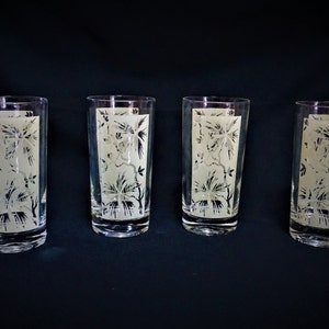 Vtg 4pc Tropical Tumblers, Floridian, Tropical South Pacific, White / Clear, Heavy Bottom, Vintage 50s – 60s