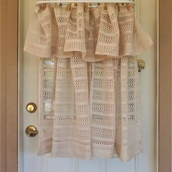 Set of Beige Crochet Style Lace Café Curtains, Cotton, Boho, Hippie, Vintage 60s – 70s