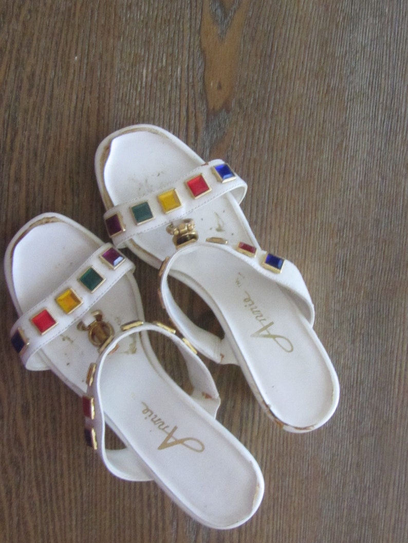 White Jeweled Sandal W/gold Stacked Wedge Heel Vintage 80s Etsy