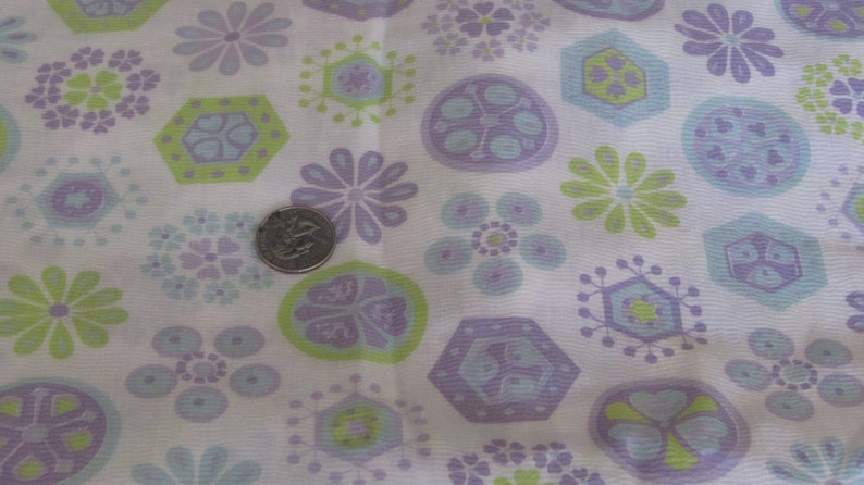 Vintage 70s Lime Green and Purple on White Floral Seersucker Fabric 1pc 36in Wide x 6 Yards
