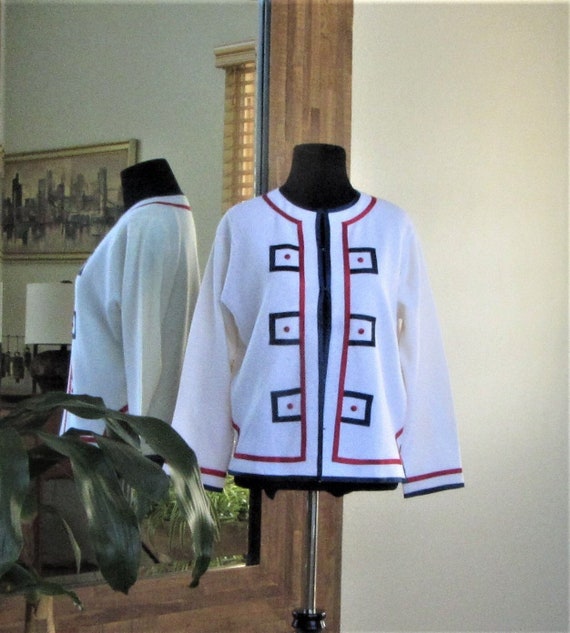 Ivory Wool Sweater/Jacket, Fully Lined, Red and B… - image 1