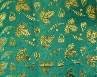 1pc 2 1/4Yds Green Polyester Brocade w/ Gold Metallic Thread Embroidered Leaves, 46in W x 2.25 Yds