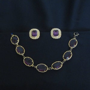 Jewelry Set, Richelieu Amethyst Colored Glass Crystal Bracelet and Clip On Earrings, Gold Tone Finish, Costume Jewelry, Vintage 1960s 1970s