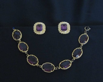 Jewelry Set, Richelieu Amethyst Colored Glass Crystal Bracelet and Clip On Earrings, Gold Tone Finish, Costume Jewelry, Vintage 1960s 1970s