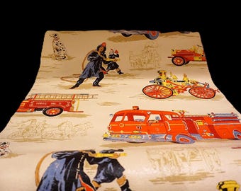 Vtg Firemen – Fire-Engine Wall Paper, 1 Sealed Dbl Roll & 1 Partially Used Dbl Roll, Pre-pasted, Primary Colors, Vintage 1970s
