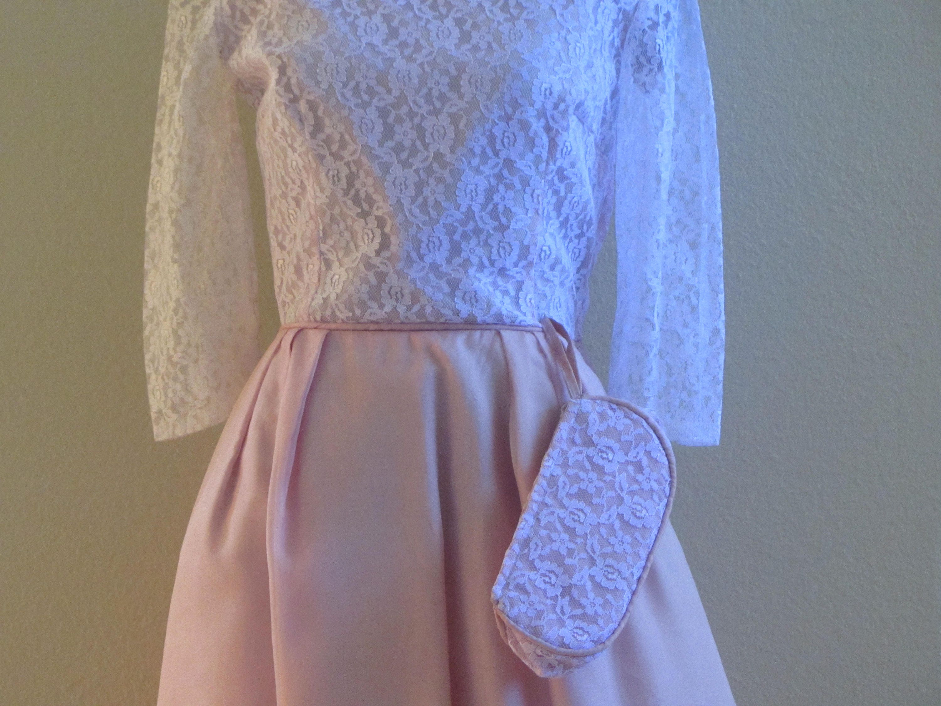 Pink Dress White Lace Bodice Long White Lace Sleeves, Lined Pink Chiffon Skirt, Bust 34in, Waist 24in and Small Pink Purse, Vintage 60s Pink Dress White Lace Bodice Long White Lace Sleeves, Lined Pink Chiffon Skirt, Bust 34in, Waist 24in and Small Pink Purse, Vintage 60s