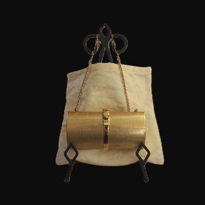 Rodo Italy Gold Metal Clutch Purse, Converts to Shoulder Bag w/ Chain Strap, Mid-Century Cylinder w/ Orig. Storage Bag, Vintage 1960s - 70s