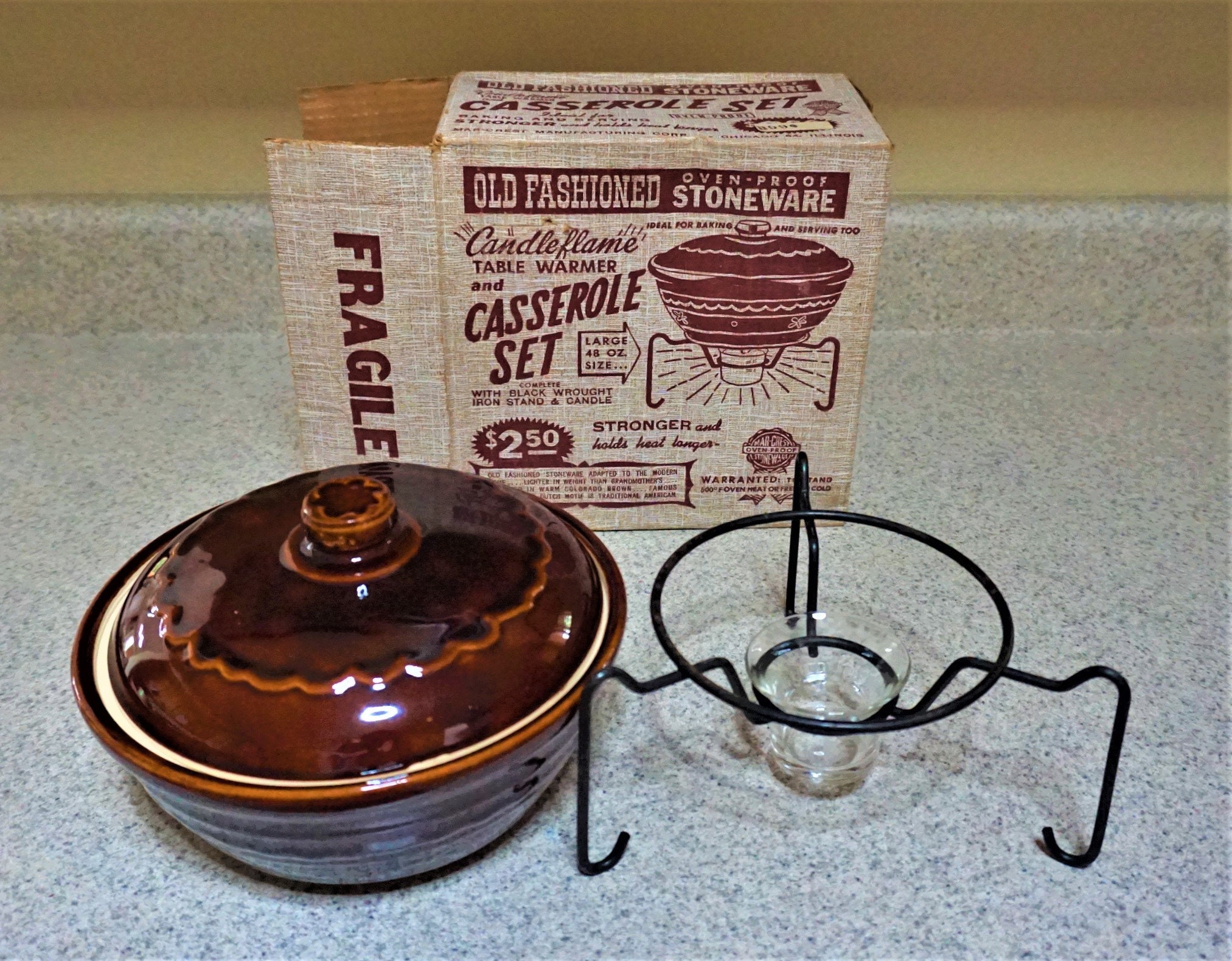 Vtg Mar Crest NIB Casserole Set W/ Candleflame Table Warmer, Daisy Dot,  Oven Proof, 48oz, Unused, Vintage 50s 