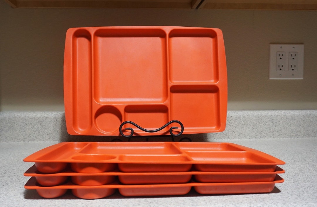 Vtg 4pc Orange Cafeteria Trays 6 Compartments Formed Hard Etsy