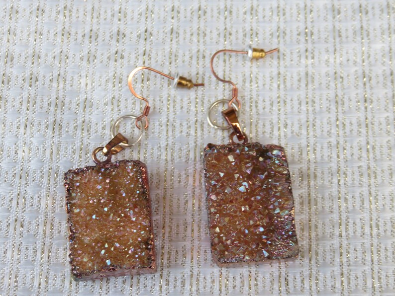 Gift Bag Art Deco Real Rock Earrings Gold Geode Long Dangle Drop Earrings Elegant Copper Colored Hooks Sparkly Easter Gift