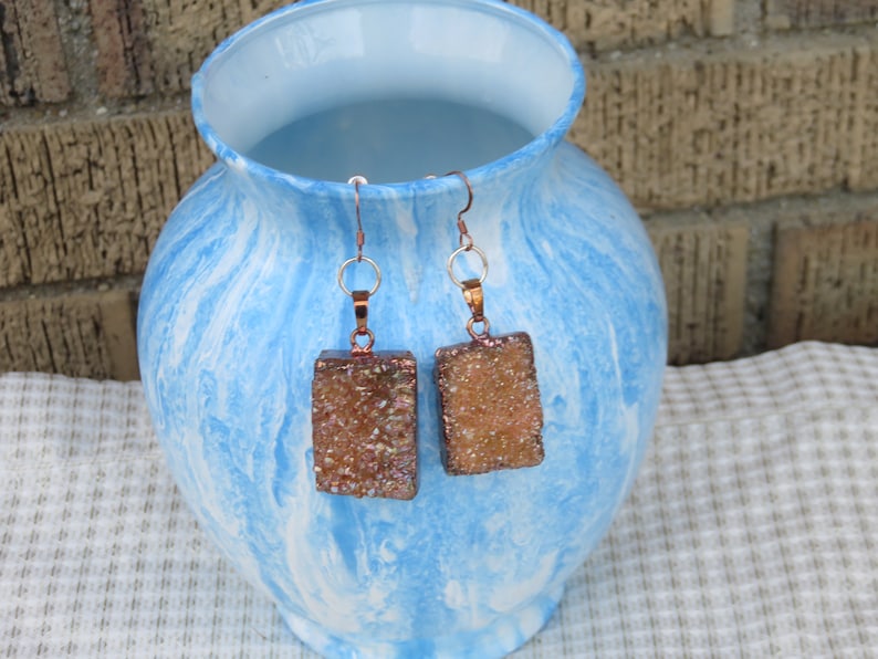 Gift Bag Art Deco Real Rock Earrings Gold Geode Long Dangle Drop Earrings Elegant Copper Colored Hooks Sparkly Easter Gift