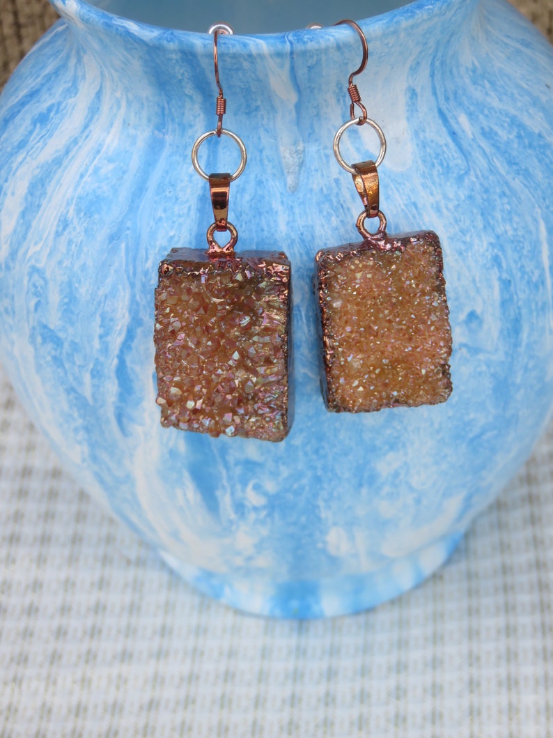 Gift Bag Art Deco Real Rock Earrings Gold Geode Long Dangle Drop Earrings Elegant Copper Colored Hooks Sparkly Easter Gift