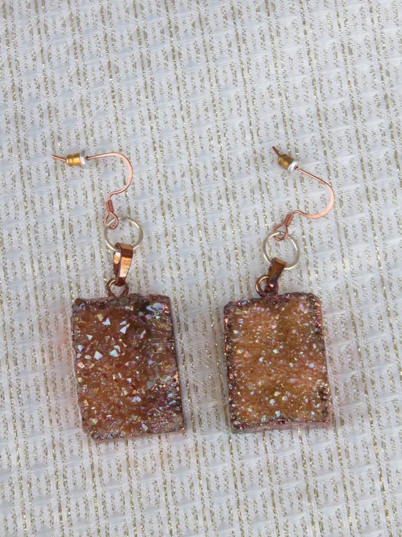 Gift Bag Art Deco Real Rock Earrings Gold Geode Long Dangle Drop Earrings Elegant Copper Colored Hooks Sparkly Easter Gift
