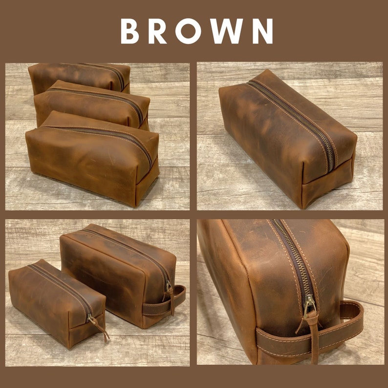 May include: Three brown leather zippered travel bags with a distressed look. The bags are shown from different angles, including a close-up of the zipper and handle.