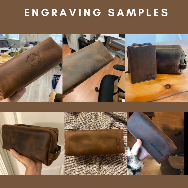 May include: A collection of brown leather toiletry bags with various personalized engravings. The bags are made of distressed leather and have a zipper closure. The engravings include names, initials, and the words "Swank Guide".