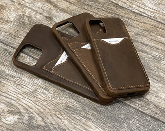 Leren iPhone 12-hoes met creditcardvakken, telefoonportemonnee