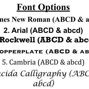 Peut inclure: Une liste de six options de polices de caract&egrave;res pour le texte, y compris Times New Roman, Arial, Rockwell, Copperplate, Cambria et Lucida Calligraphy. Chaque police est affich&eacute;e avec un &eacute;chantillon de lettres majuscules et minuscules.