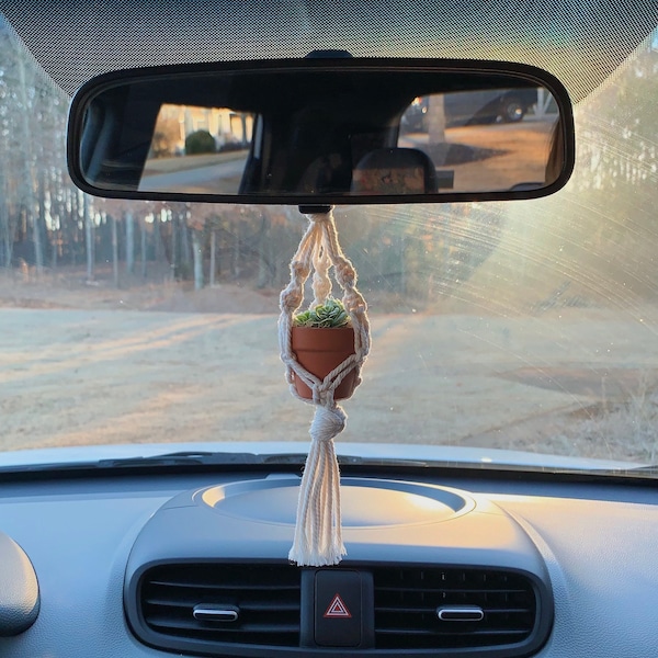 Mini Macrame Car Plant Hanger | Rear View Mirror Ornament | Car Accessory | Artificial Succulent | Boho Decor