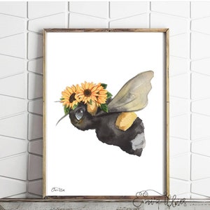 Bee print, watercolour bee, Sunflower flower crown sunflower, wall art, sunflower print, bee with flowercrown, bee, bee art