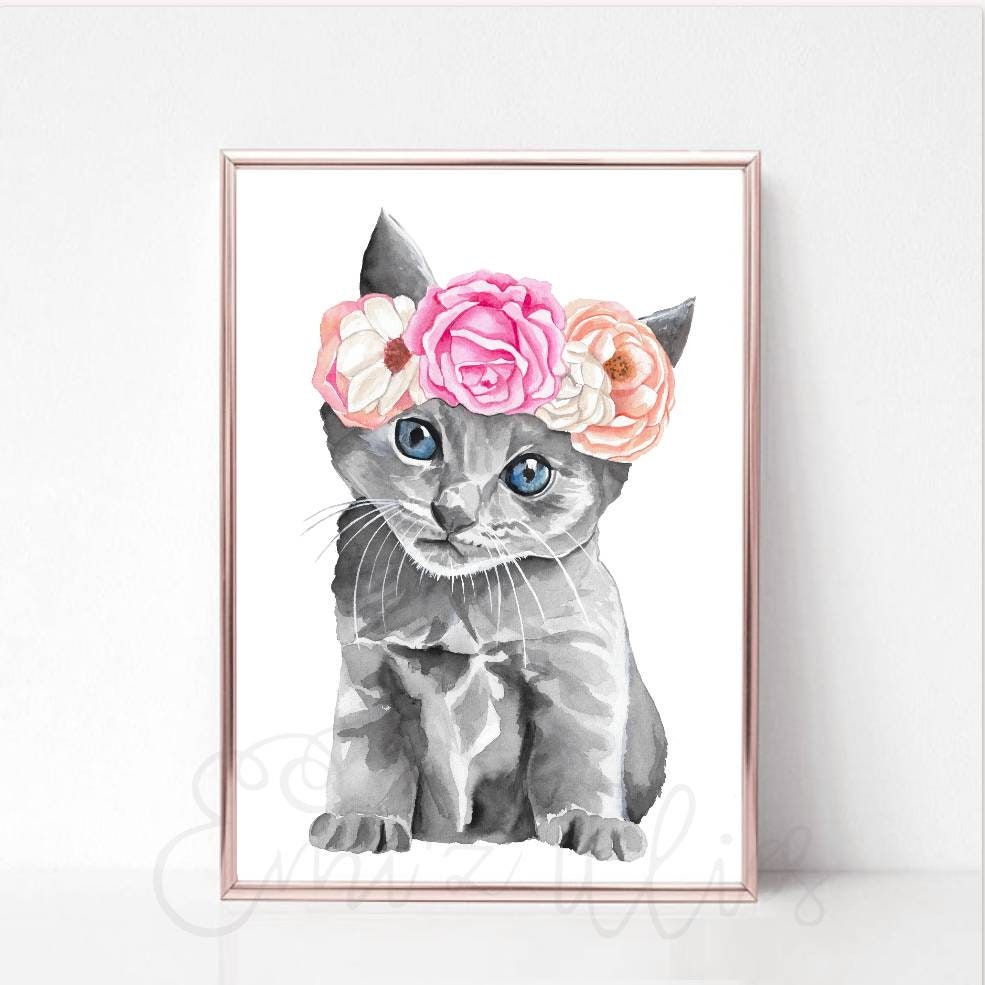 Kitten Girls Nursery Art Girls Nursery Print Flower Crown | Etsy