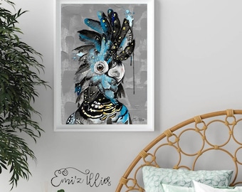 May include: A black and blue cockatoo with a yellow crest and black and white markings on its chest. The bird is painted in a watercolor style on a gray background.