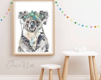 Estampado de koala, animal nativo australiano, arte de corona de flores