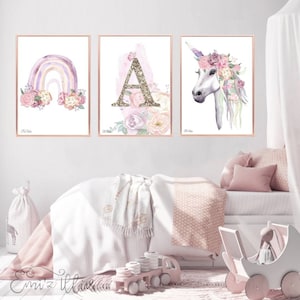 Unicorn print, Girls Nursery Art, Girly Prints, Rainbow Print, personalised art, boho, Watercolour Nursery set,watercolour unicorn, set of 3