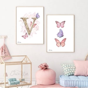 Butterfly print, Girls Nursery Art, butterfly art, butterfly nursery art, girls bedroom decor, watercolour butterfly, personalised, set of 2