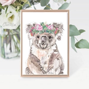 Koala print, Australian animal print, koala, native flower crown, wall art Australian native animal, Girls nursery decor, Girls animal print