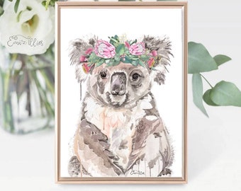 Impression de koala, couronne de fleurs indigènes d'Australie, oeuvre d'art murale pour chambre d'enfant