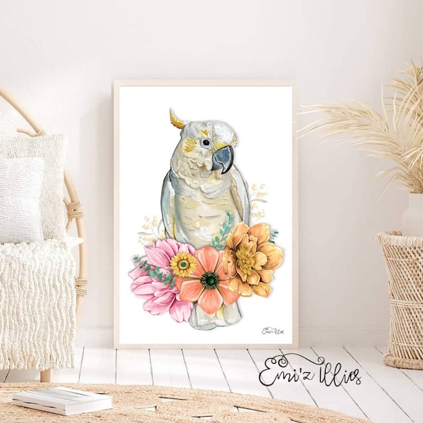 Australian bird prints, Watercolour cockatoo, modern bird print, sulpher crested cocktoo, Australian animal Native bird, floral bird art