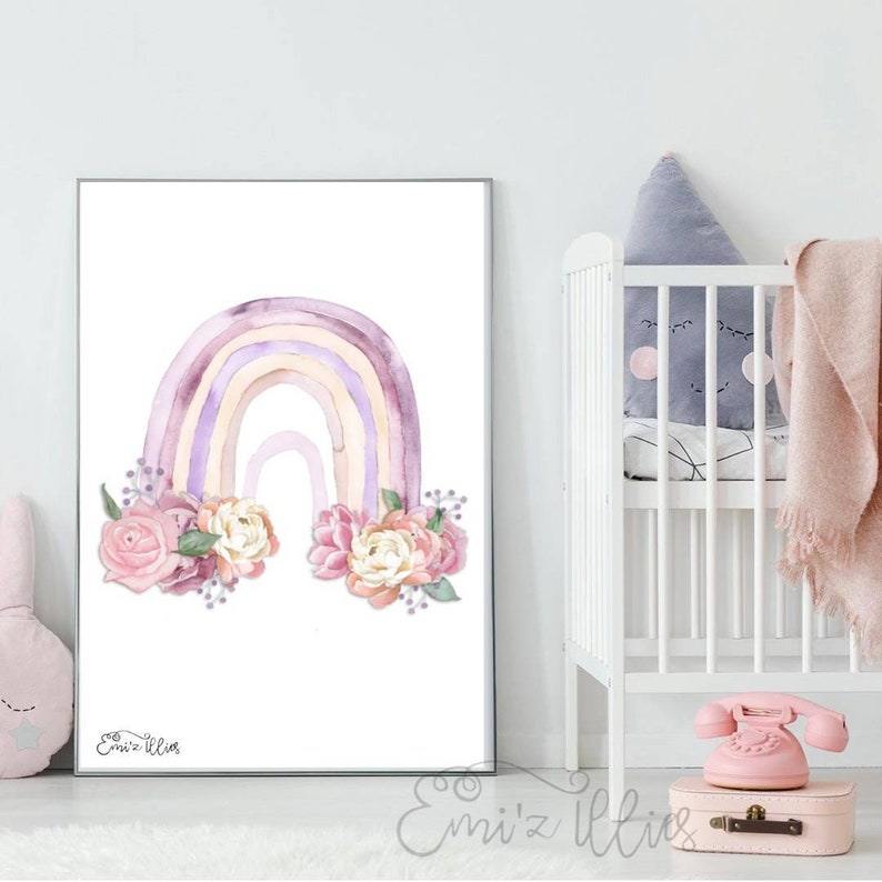 whimsical rainbow pink rainbow flowers watercolour print nursery decor floral print Rainbow wall art girls prints floral rainbow