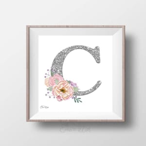 Carta personalizada, brillo, carta floral, impresión de niñas, decoración de guardería, carta personalizada, flores de acuarela, arte de pared, impresión floral, inicial