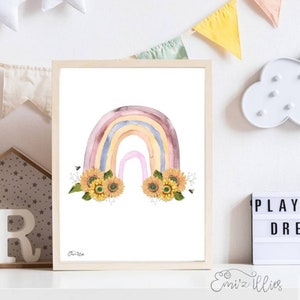 Rainbow, Sunflower rainbow, floral rainbow, girls prints, nursery decor, floral print, flowers, watercolour print, wall art, Sunflower, bee