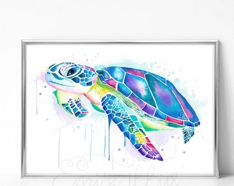 Rainbow Sea Turtle Print, Colorful Watercolour Ocean Art