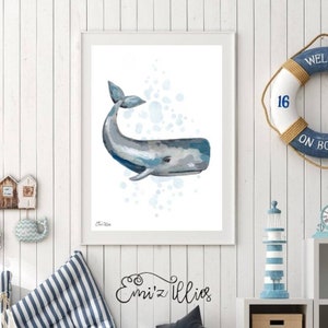 Whale print, under the sea print, watercolour whale, modern kids print, boys nursery print,wall art, boys print, nautical nursery art, whale