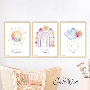 Rainbow Sun Cloud print Set of 3, you are my sunshine print, girls nursery print abstract print set nursery decor boho print floral prints