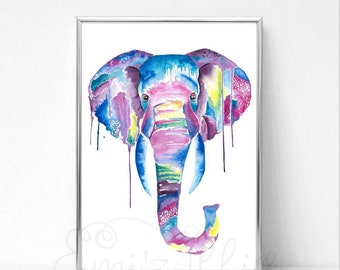 Elephant, Watercolour Elephant, Elephant Print, Safari, Safari Nursery, Safari Nursery Art, Zoo, Home Decor, Colour Art, Happy Art, Wall Art